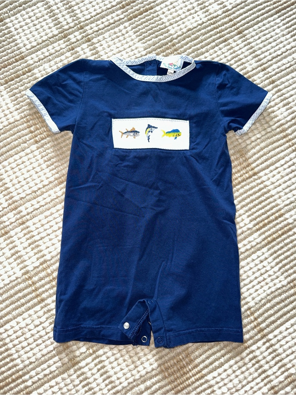 Children's Navy One-Piece Romper with Fish Appliqué